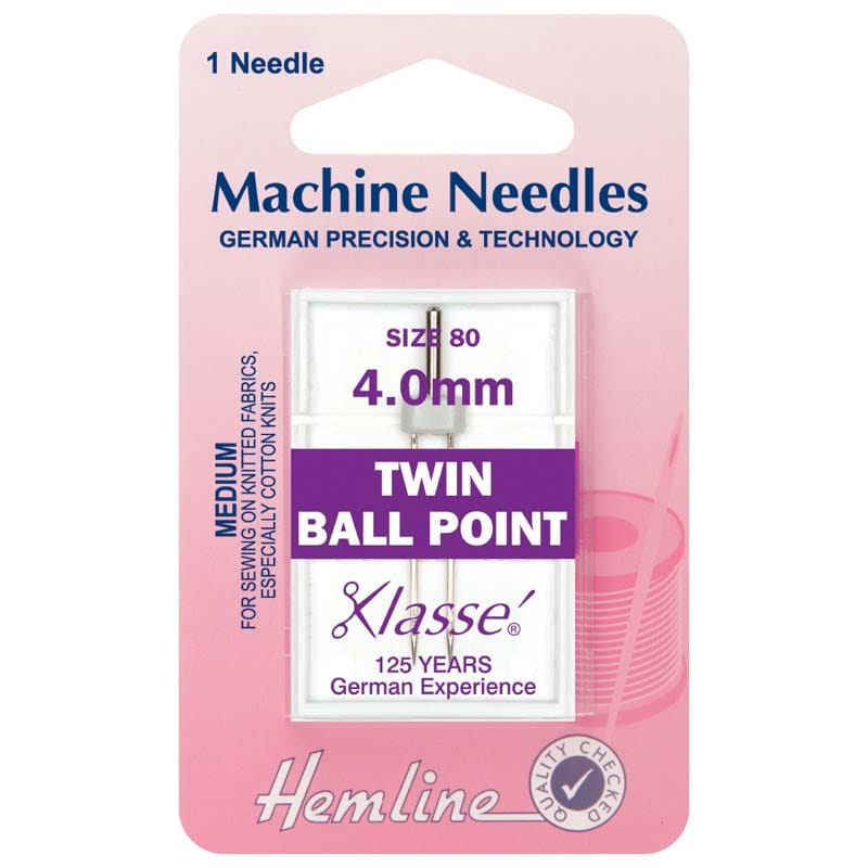 Hemline Sewing Machine Needles: Twin Ball Point: 80/12, 4mm: 1 Piece