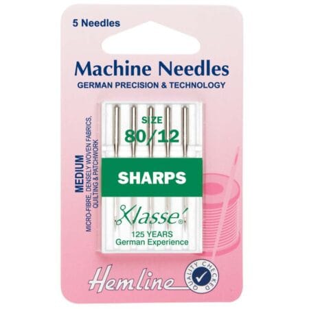 Hemline Sewing Machine Needles: Sharp/Micro: Medium 80/12: 5 Pieces