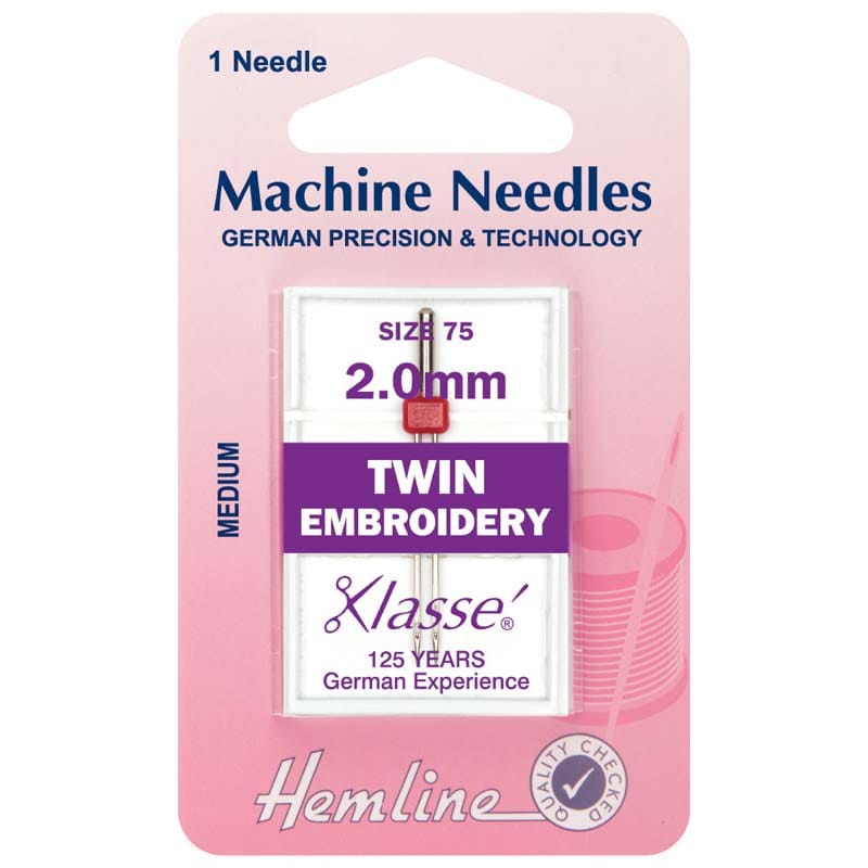 Hemline Sewing Machine Needles: Twin Embroidery: 75/11, 2.0mm: 1 Piece
